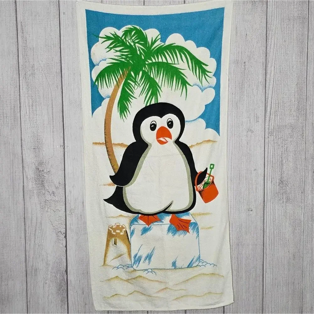 VTG 90s R.A. Briggs Penguin On An Ice Cube At The Beach, Beach Towel - 24x50